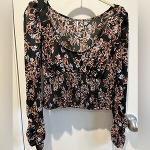 Free People Black Floral Pattern Blouse